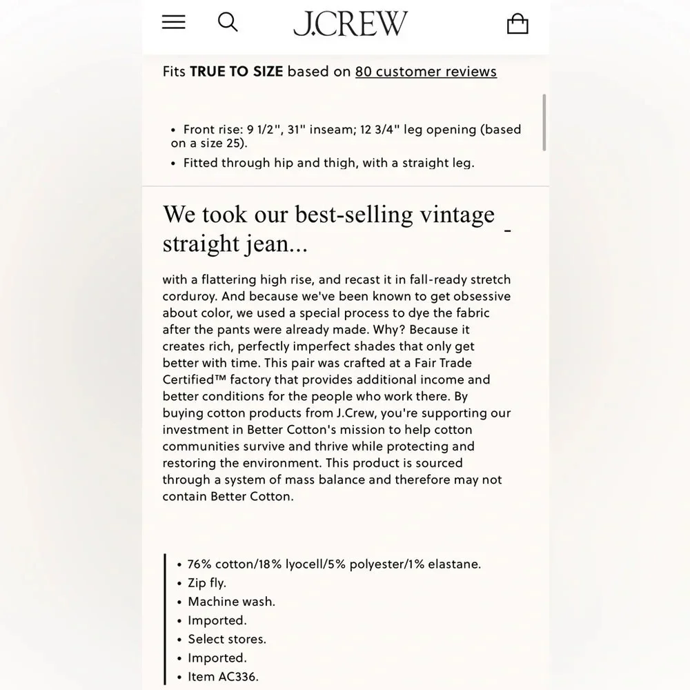 J. Crew Fall 2021 vintage slim straight corduroy pant
